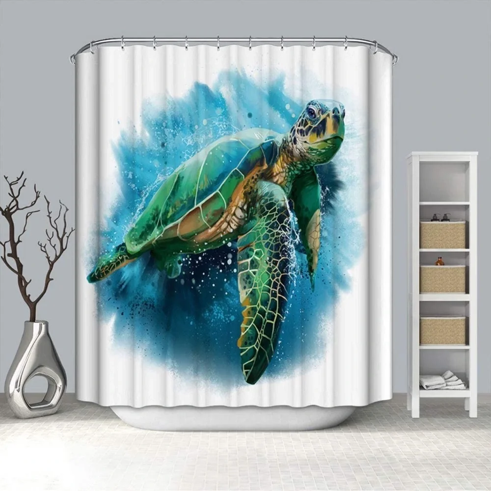 Fabric Shower Curtain Vivid Sea Turtle Teal Back Watercolor Curtain 72” x 72”